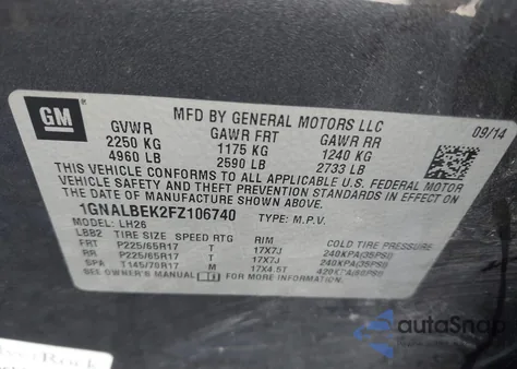 2015 Chevrolet Equinox 1Lt from USA, damaged, VIN 1GNALBEK2FZ106740